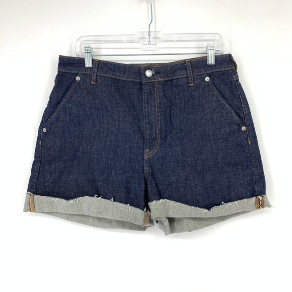 EVERLANE Arc Jean Short Women's Size 31 Rolled Hem Flat Front Dark Blue Hand Cut - Picture 1 of 5